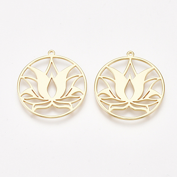 Brass Pendants, Ring with Lotus Flower, Nickel Free, Real 18K Gold Plated, 27x25x1mm, Hole: 1mm