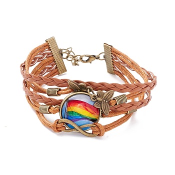 Rainbow Pride Bracelet, Strip Flag Pattern Flat Round & Butterfly Links Multi-strand Bracelet for Men Women, Chocolate, Flag Pattern, 7-1/4 inch(18.5cm)