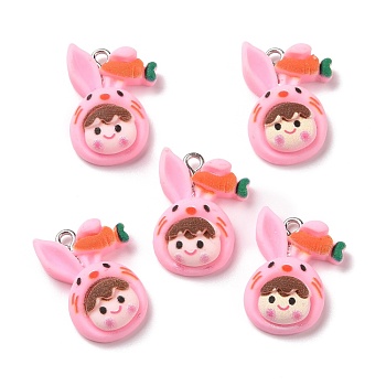 Opaque Resin Pendants, with Platinum Tone Iron Loops, Rabbit with Smiling Face, Pearl Pink, 24x17x7mm, Hole: 2mm
