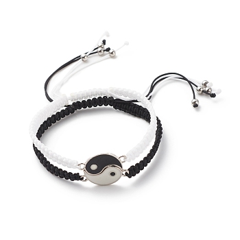 Enamel Yin Yang Matching Couple Braided Bead Bracelets Set, Adjustable Bracelets for Women, Black and White, Inner Diameter: 2~3-3/8 inch(5.2~8.5cm), 1Pc/style