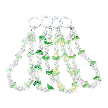 Tulip Transparent Glass Beaded Pendant Keychain, with Alloy Spring Gate Rings and Glass Pearl Beads, Mixed Color, 16cm