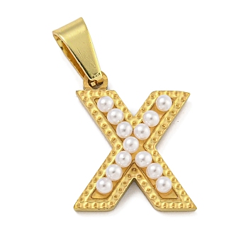 Ion Plating(IP) 304 Stainless Steel Pendants, with ABS Imitation Pearl, Letter X, 17x14x3mm, Hole: 6x3mm