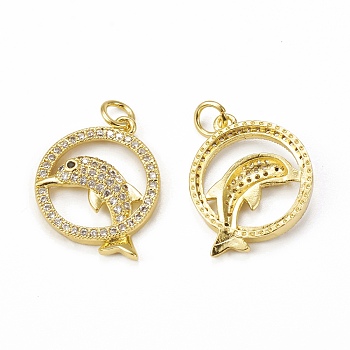 Brass Micro Pave Cubic Zirconia Pendants, with Jump Ring, Ring with Dolphin Charm, Golden, 18x16x3mm, Hole: 3mm