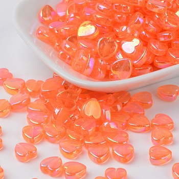 Transparent Acrylic Beads, Heart, Orange Red, AB, Size: about 8mm wide, 3mm thick, hole: 1mm, about 280pcs/50g