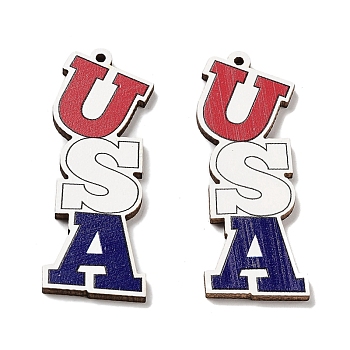 Spray Painted Wood Big Pendants, Letter USA, 54x20x2.5mm, Hole: 2mm