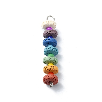 Chakra Natural Lava Rock Dyed Flat Round Connector Charms, Colorful Gems 304 Stainless Steel Glass Seed Beads Links, Platinum, 42~43x8mm, Hole: 1.8~3mm