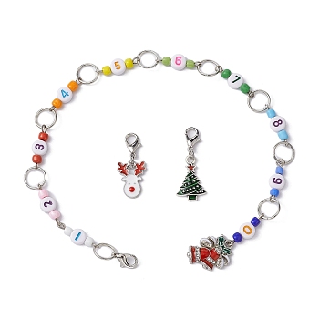 3Pcs Christmas Theme Knitting Row Counter Chains & Locking Stitch Markers Kits, with Alloy Enamel Pendants, Christmas Bell/Reindeer/Tree, 300mm