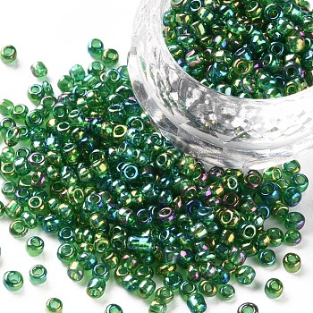 8/0 Round Glass Seed Beads, Transparent Colours Rainbow, Round Hole, Green, 8/0, 3mm, Hole: 1mm, about 1111pcs/50g, 50g/bag, 18bags/2pounds