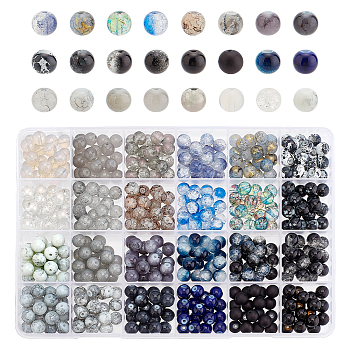 Elite 480Pcs 24 Style Glass Round Beads, Baking Painted & Spray Painted & Crackle & Two-Tone & Frosted, Mixed Color, 8~9mm, Hole: 1~1.6mm, 20Pcs/style