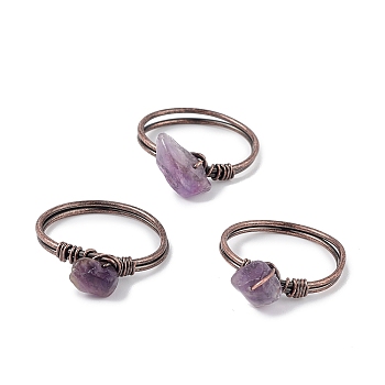 Natural Amethyst Chips Finger Ring, Red Copper Brass Wire Wrap Jewelry for Women, Inner Diameter: 18mm