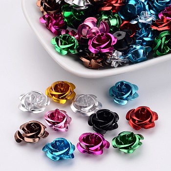Aluminum Rose Flower, Tiny Metal Beads, Colorful, 14x8~14mm, Hole: 1mm, about 950pcs/bag