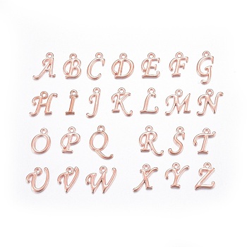 Alloy Letter Pendants, Rack Plating, Letter A~Z, Rose Gold, 12~17x4~15x2mm, Hole: 1.5mm, 26letters, 1pc/letter, 26pcs/set