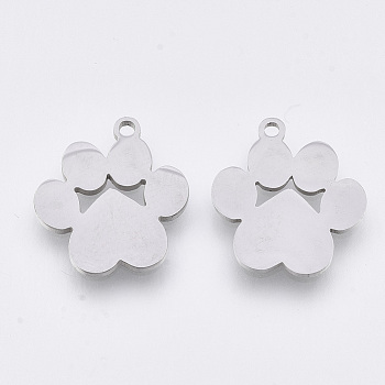 201 Stainless Steel Pendants, Laser Cut Pendants, Dog Paw Prints, Stainless Steel Color, 16.5x15x1mm, Hole: 1.4mm