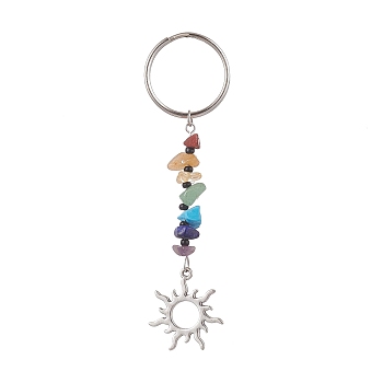 Natural Gemstone Chips Keychains, Alloy Charms Keychains with Iron Split Key Rings, Sun, 9.7cm, Charm: 26x24x2mm