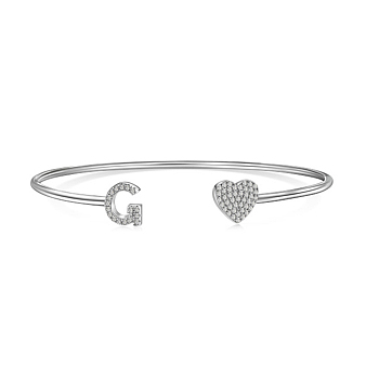 Heart & Letter Rhodium Plated 925 Sterling Silver Micro Pave Cubic Zirconia Cuff Bangles for Women, Letter G, 0.2~0.8cm, Inner Diameter: 1-7/8x2-1/4 inch(4.85x5.65cm) 