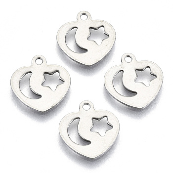 201 Stainless Steel Charms, Laser Cut, Heart with Moon & Star, Stainless Steel Color, 13x12.5x1mm, Hole: 1.4mm