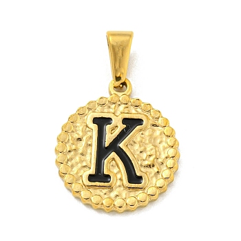 Ion Plating(IP) 304 Stainless Steel Enamel Pendants, Golden, Flat Round with Letter Charm, Letter K, 21x18x2mm, Hole: 8x3.5mm