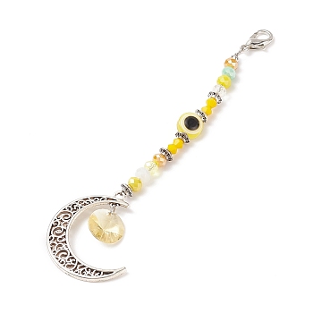 Glass & Resin Beaded Evil Eye Pendant Decorations, Lobster Clasp Charms, Clip-on Charms, for Keychain, Purse, Backpack Ornament, Moon, Yellow, 145mm