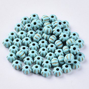 Acrylic Beads, Metal Enlaced, Plating Acrylic Beads, Golden Metal Enlaced, Pumpkin, Dark Turquoise, 7x5mm, Hole: 1.5mm, about 2850pcs/500g