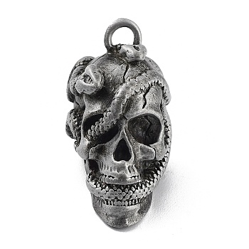 Tibetan Style Alloy Pendant, Frosted, Skull with Snake Charm, Antique Silver, 38x19x27.5mm, Hole: 4.2mm