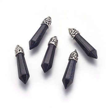 Synthetic Blue Goldstone Pendants, with Alloy Findings, Hexagonal, Platinum, 38~40x8~10mm, Hole: 3mm