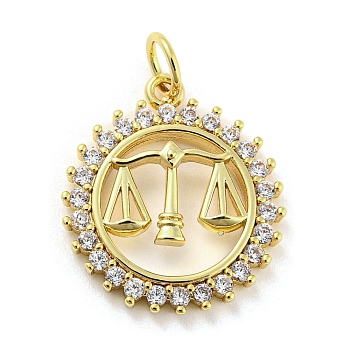 Rack Plating Brass Micro Pave Clear Cubic Zirconia Pendants, Long-Lasting Plated, Cadmium Free & Lead Free, Flat Round with Balance Charm, Real 18K Gold Plated, 18x16x2.8mm, Hole: 3.8mm