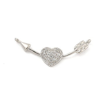 Brass Micro Pave Clear Cubic Zirconia Connector Charms, Heart Links with Arrow, Platinum, 8x27.5x3mm, Hole: 1.2mm
