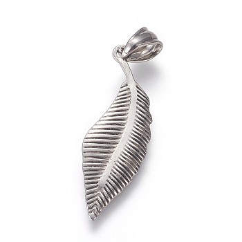 304 Stainless Steel Pendants, Leaf, Stainless Steel Color, 34.5x11x1mm, Hole: 4.5x7mm