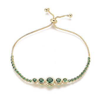 Adjustable Brass Micro Pave Cubic Zirconia Bolo Bracelets, Slider Bracelets, Golden, Green, 9-1/2 inch(24cm), 1.3~8mm