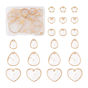 24Pcs 6 Style Natural Capiz Shell Charms, with Light Gold Plated Brass Edge, Flower & Flat Round & Teardrop & Heart, 12~27x12~29.5x0.5~1mm, Hole: 0.5~1mm, 4pcs/style