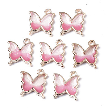 Alloy Resin Pendants, with Glitter Powder, Butterfly, Lead Free, Golden, Pink, 16x13.5x2.5mm, Hole: 1.6mm