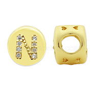 Brass Micro Pave Clear Cubic Zirconia Beads, Flat Round with Letter, Letter.N, 7.5x6.5mm, Hole: 3.5mm, 3pcs/bag(KK-T030-LA843-NX3)