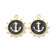 Eco-Friendly Stainless Steel Enamel Pendants, Real 18K Gold Plated, Long-Lasting Plated, Flat Round with Anchor, Black, 20x16.5x2.2mm, Hole: 1.9mm(STAS-C031-02G-04)
