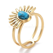 Ion Plating(IP) 304 Stainless Steel Ring, Synthetic Turquoise Rings, Flower, 15.5x12.5mm, Inner Diameter: Adjustable(RJEW-B059-01G-04)