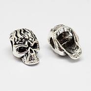 Skull Alloy European Beads, Large Hole Beads, Antique Silver, 13x8.5x8.5mm, Hole: 3.8mm(PALLOY-K206-05AS)