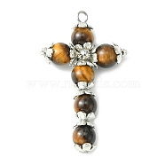 Natural Tiger Eye Copper Wire Wrapped Pendants, Cross Charms, Platinum, 39x23~24x7mm, Hole: 1.8~2mm(PALLOY-TA00066-02)