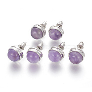 Natural Amethyst Stud Earrings, with Brass Findings, Half Round, Platinum, 12mm, Pin: 0.8mm(EJEW-F162-H07)