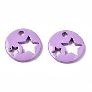 Spray Painted Brass Charms, Flat Round with Star, Medium Orchid, 14.5x14.5x2.5mm, Hole: 2mm(KK-Q252-003F)