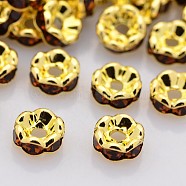 Brass Rhinestone Spacer Beads, Grade A, Wavy Edge, Golden Metal Color, Rondelle, Coffee, 8x3.8mm, Hole: 1mm(X-RB-A014-L8mm-15G)