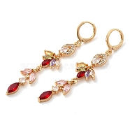 Rack Plating Golden Brass Dangle Leverback Earrings, with Cubic Zirconia, Leaf, Colorful, 62x13mm(EJEW-B037-08G)