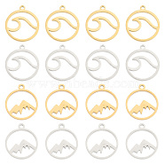 40Pcs 4 Style Stainless Steel Pendants, Round Ring with Wave & Mountain, Golden & Stainless Steel Color, 17x14.5~15x1mm, 10pcs/style(STAS-SC0004-08)