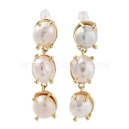 Natural Pearl Dangle Stud Earrings, with Brass Findings and 925 Sterling Silver Pins, Oval, Real 14K Gold Plated, 45x11mm(EJEW-P256-37G)