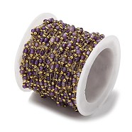 Ion Plating(IP) Real 18K Gold Plated 316 Stainless Steel Paperclip Chains, with Faceted Round Natural Amethyst Beaded, with Spool, Soldered, 3mm(AJEW-Z026-03B)