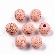 Painted Natural Wood Beads, Laser Engraved Pattern, Round with Leopard Print, Pink, 10x8.5mm, Hole: 2.5mm(X-WOOD-T021-53A-11)