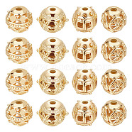 32Pcs 4 Style Alloy Hollow Beads, Round, Cadmium Free & Lead Free, Real 18K Gold Plated, 8~9.5x7~8mm, Hole: 1.5~2mm, 8pcs/style(PALLOY-BBC0001-06)