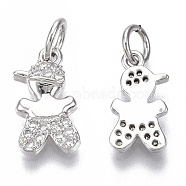 Brass Micro Pave Cubic Zirconia Charms, with Jump Ring, Nickel Free, Boy, Clear, Real Platinum Plated, 13x7x2.5mm, Hole: 3mm(ZIRC-R109-025P-NF)