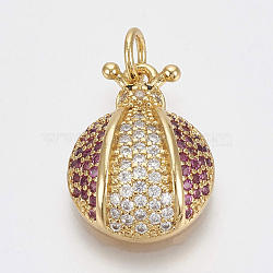 Brass Micro Pave Cubic Zirconia Pendants, with Jump Rings, Ladybug, Medium Violet Red, Golden, 17.5x13x5mm, Hole: 3mm(ZIRC-Q018-031G)