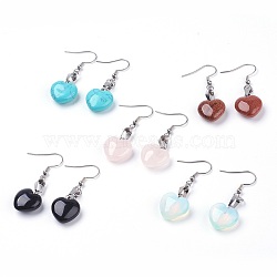 Natural & Synthetic Mixed Gemstone Dangle Earrings, with 304 Stainless Steel Earring Hooks, Heart, 47~48mm, Pin: 0.6mm(EJEW-JE02730)