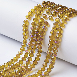 Electroplate Transparent Glass Beads Strands, Half Rainbow Plated, Faceted, Rondelle, Goldenrod, 6x5mm, Hole: 1mm, about 85~88pcs/strand, 16.1~16.5 inch(41~42cm)(EGLA-A034-T6mm-F05)