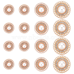 3 Style Alloy Rhinestone Shank Buttons, with Plastic Imitation Pearls, 1-Hole, Flat Round, Light Gold, 15~25x9~12.5mm, Hole: 2mm, 16pcs/box(FIND-GF0004-71LG)